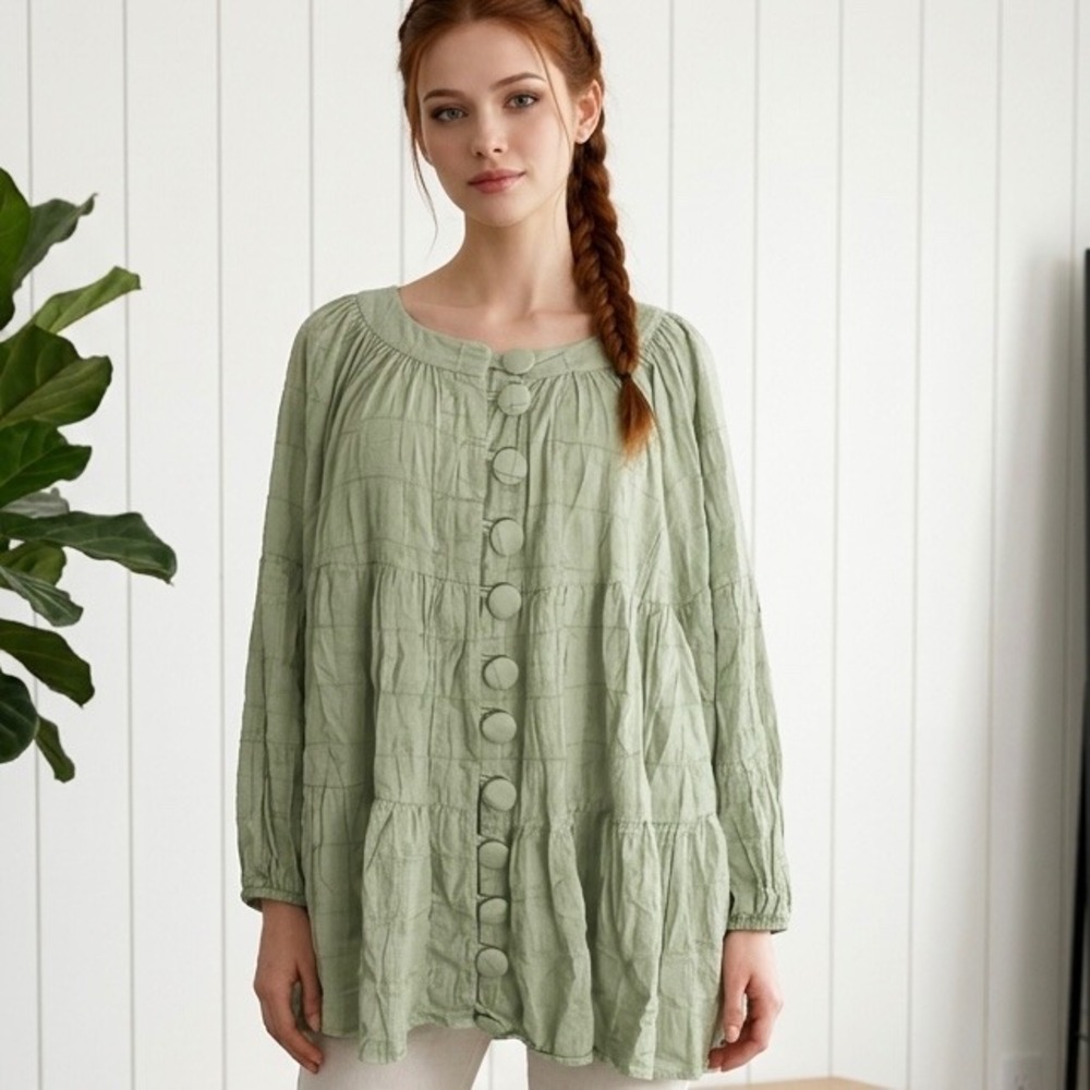 Sabo Skirt Sage Green Textured Tiered Babydoll Tunic Button Front Top Size L 8